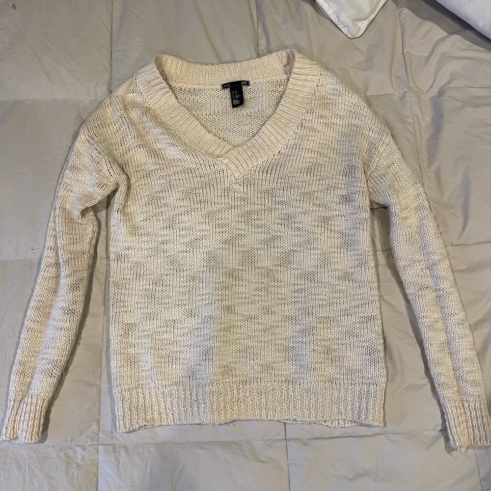 H&M Cream V-Neck Sweater with Textured Knit